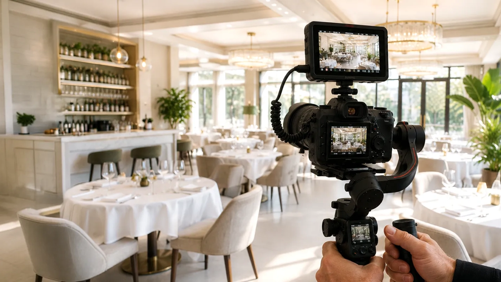 Videomaker aziendale durante riprese video professionali in Toscana