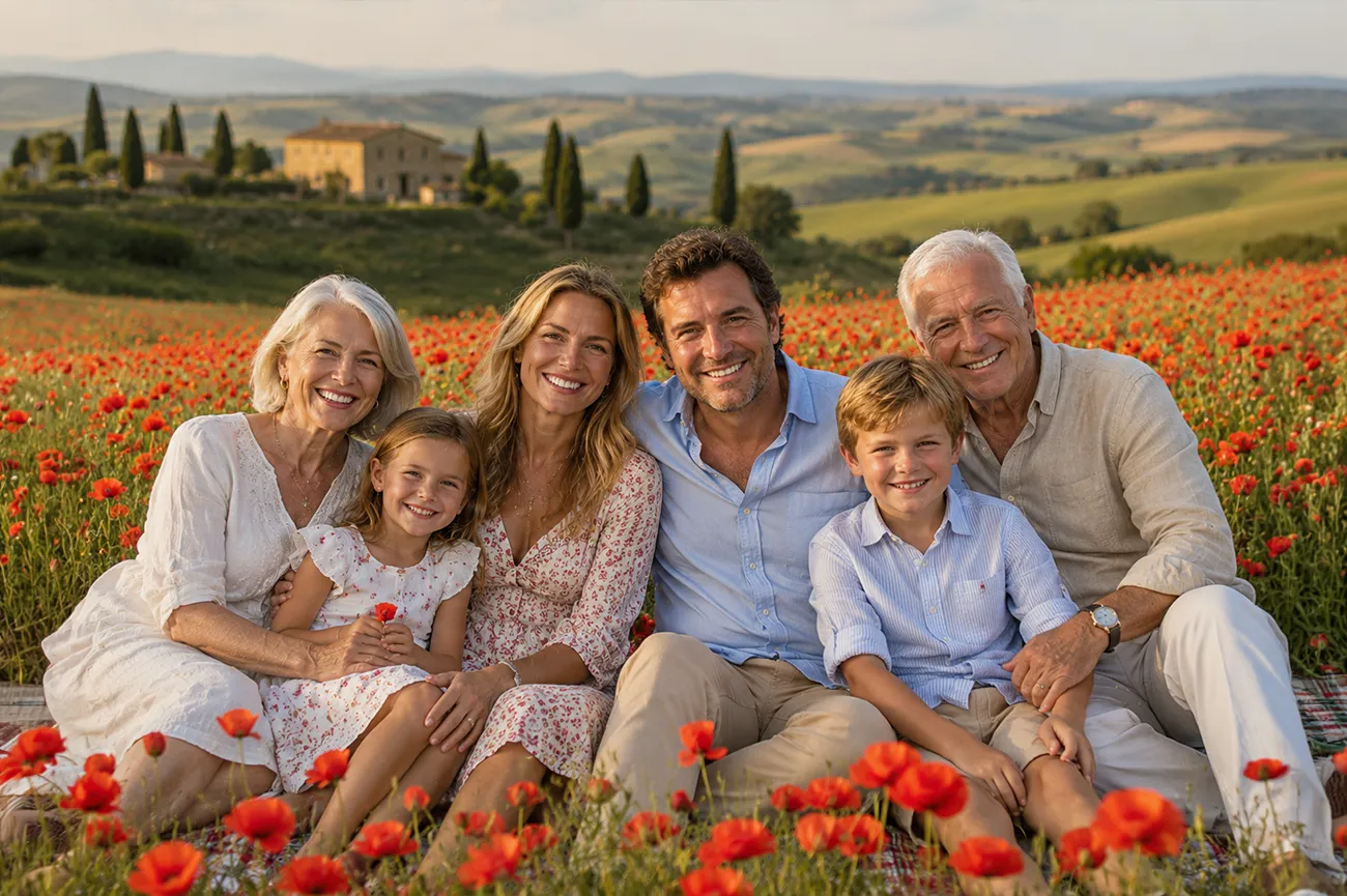 Servizio fotografico di famiglia con nonni in val d orcia 
