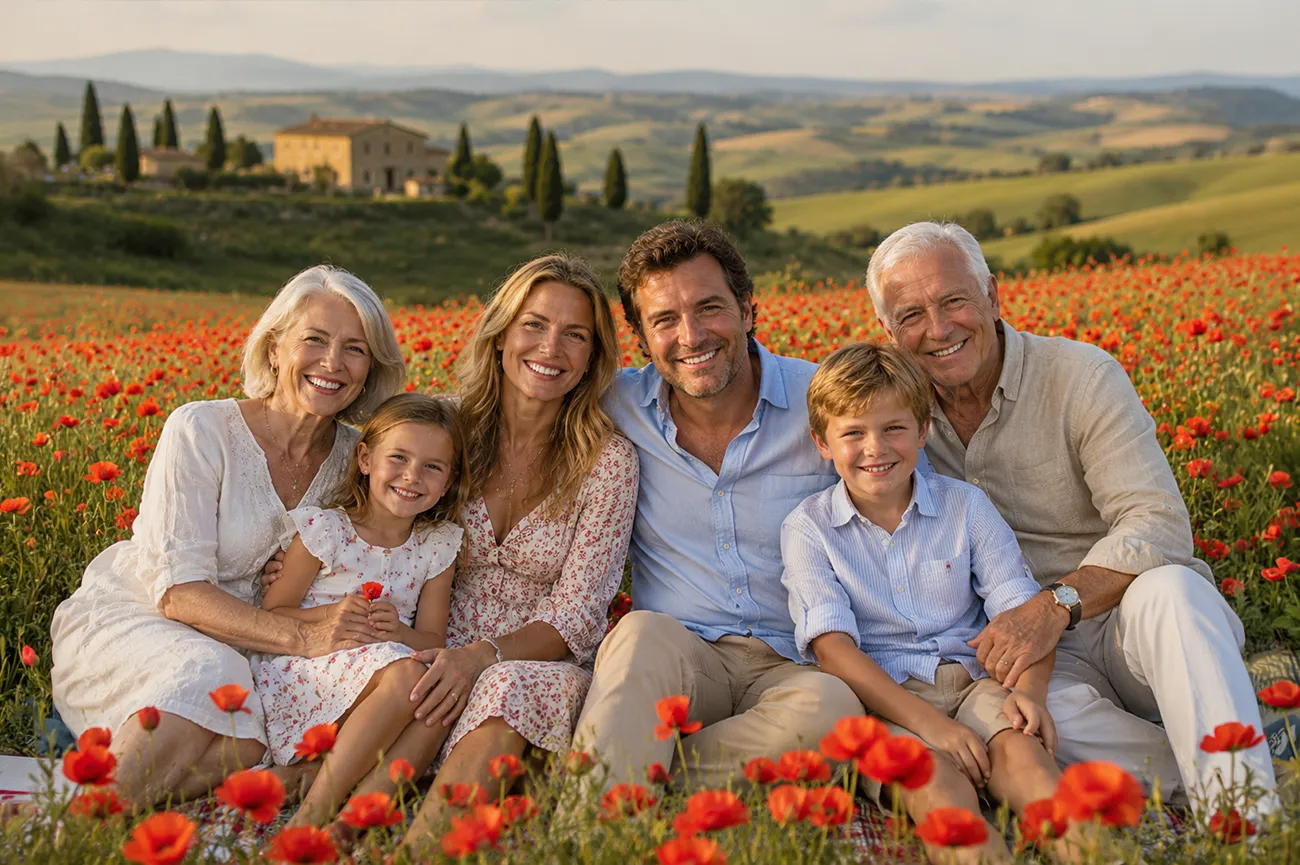 Servizio fotografico di famiglia in Toscana durante vacanza in agriturismo