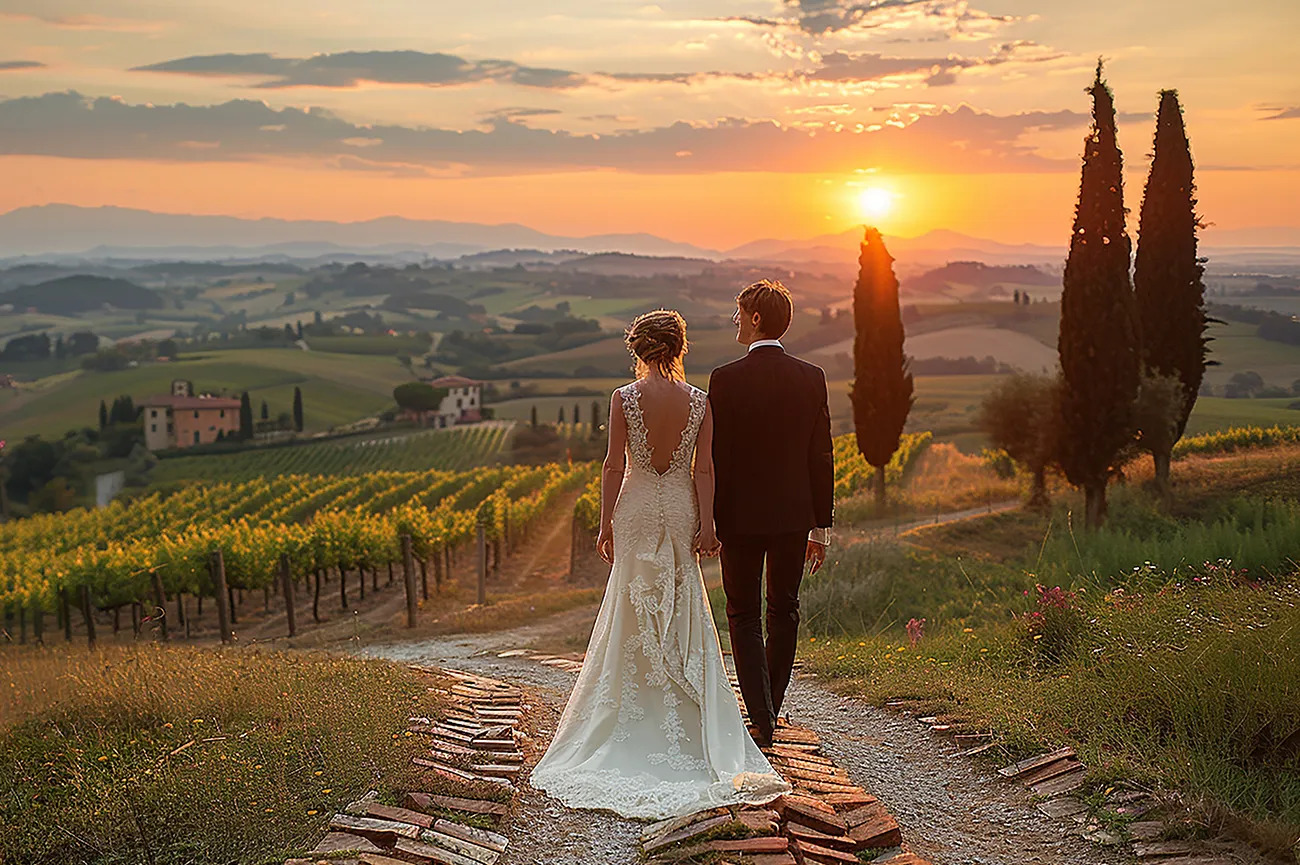 Matrimonio al tramonto nelle campagne della Toscana