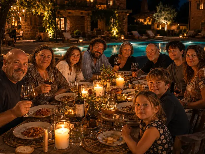 Fotografo per famiglie in agriturismo in Toscana di sera a cena, foto famiglia Williams proveniente da America