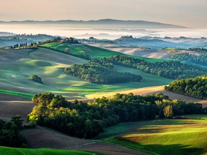 Strada panoramica nella campagna toscana fotografata all’alba