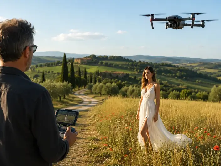 foto e videoriprese con drone per una pubblicità di un brand di abiti in toscana